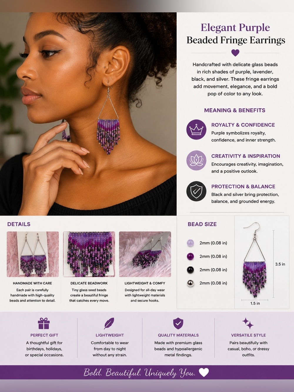 Elegant Purple Beaded Fringe Earrings